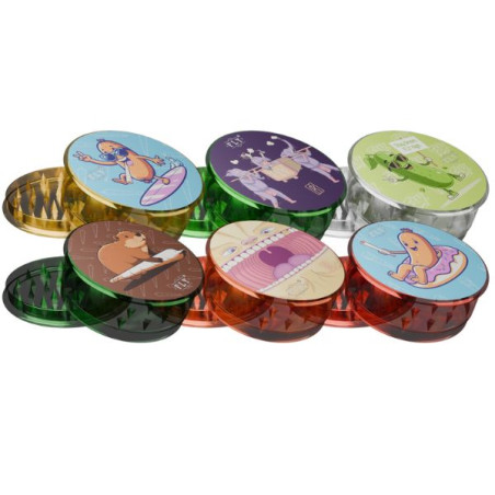 Clear Fly plastik grinder 63 mm i transparente farver med forskellige motiver