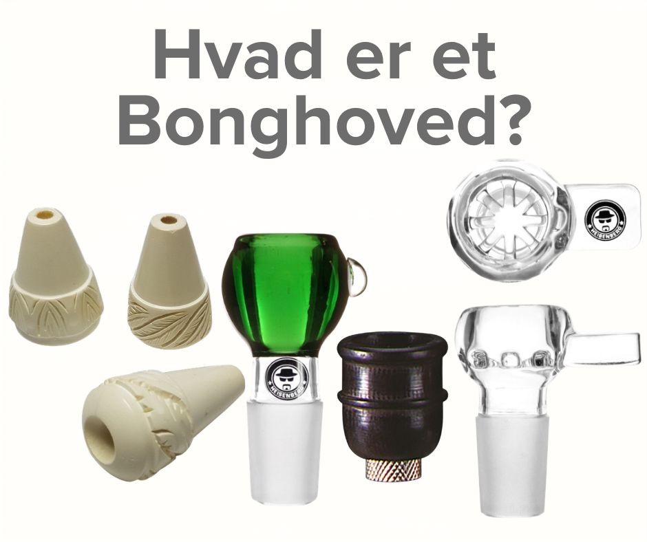 Forskellige bonghoveder i glas, merskum og metal.
