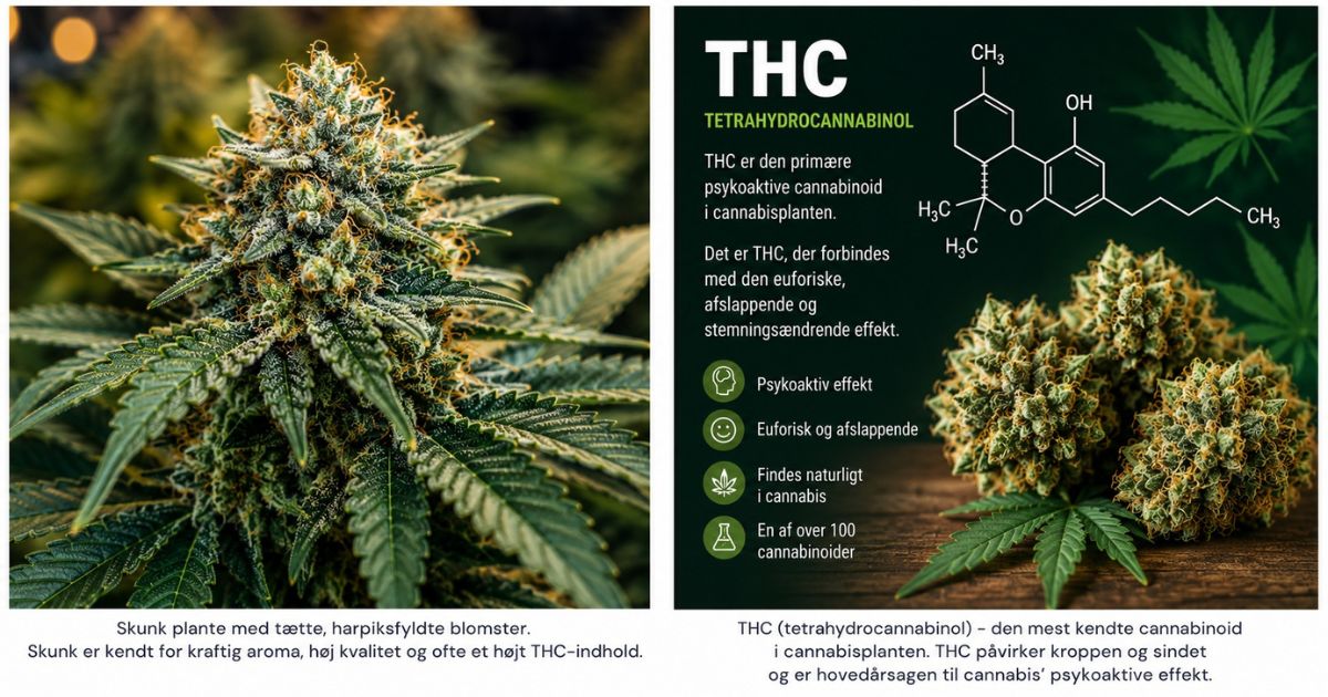 Infografik om THC (tetrahydrocannabinol), cannabisplantens mest kendte cannabinoid.
